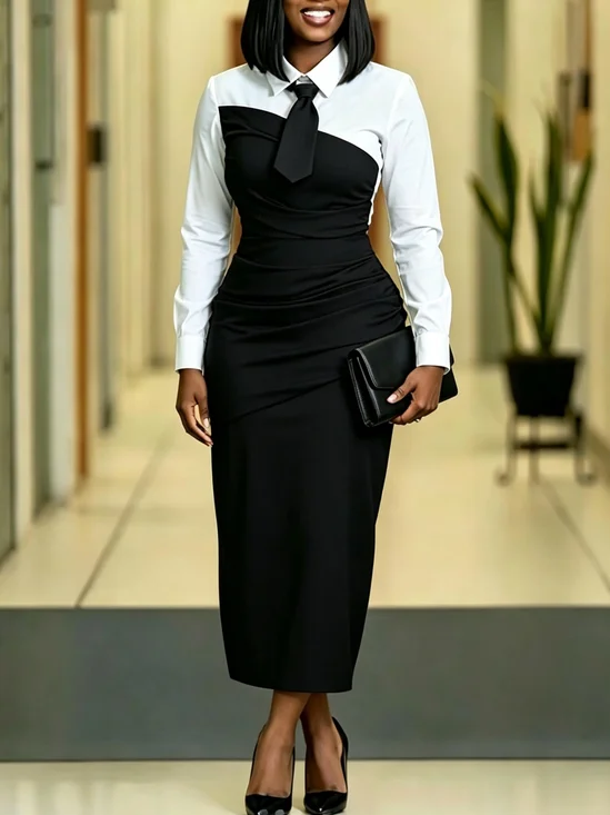 Elegant Color Block Split Joint Shirt Collar Midi Dress With Tie
