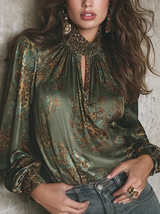 Urban Animal Print Printing Mock Neck Blouse