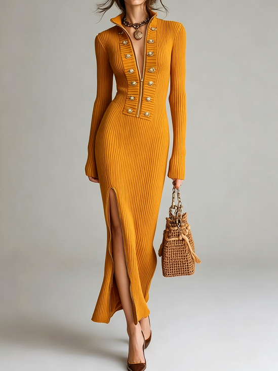 Elegant Plain Button Detail Stand Collar Sweater Dress