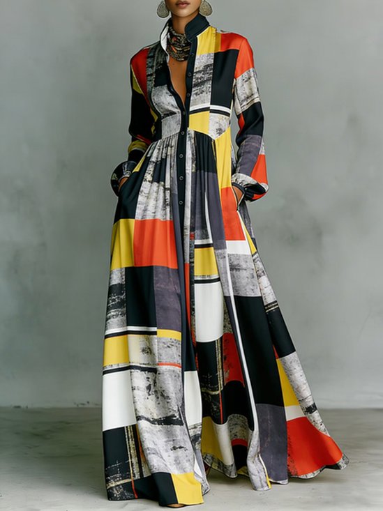 Casual Random Print Printing Stand Collar Maxi Dress