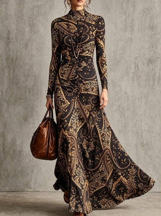 Elegant Paisley Printing Mock Neck Maxi Dress