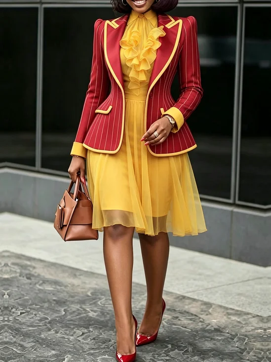 Elegant Striped Long Sleeve Lapel Collar Blazer