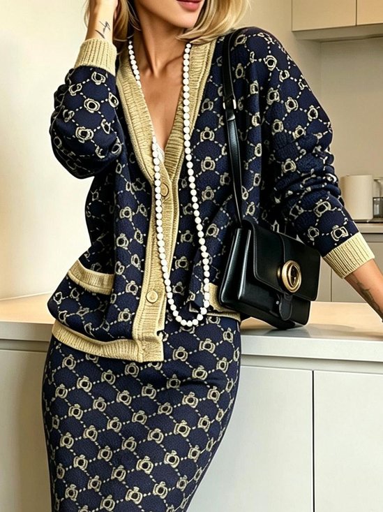 Casual Geometric V Neck Sweater Cardigan