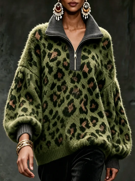Casual Leopard Zipper Mock Neck Sweater