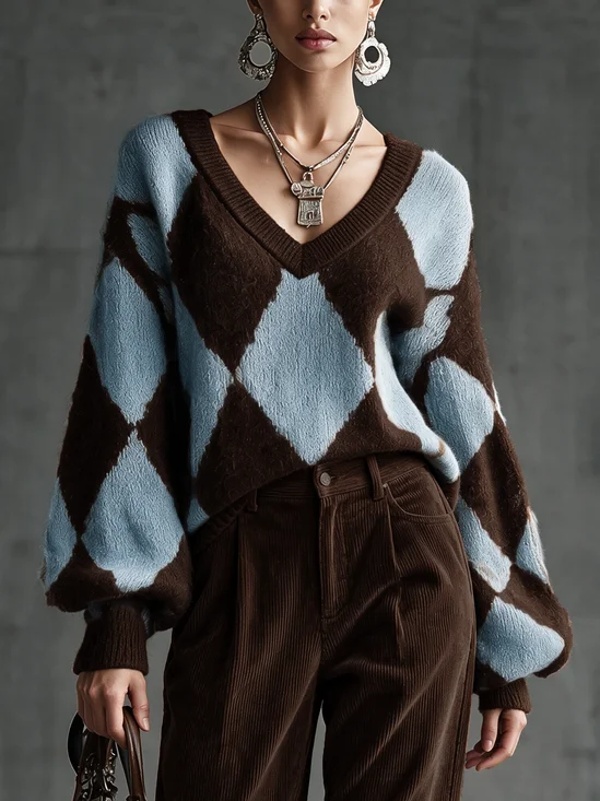 Casual Geometric V Neck Balloon Sleeve Sweater