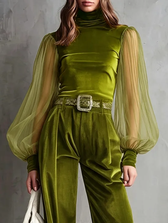 Elegant Plain Split Joint Turtleneck Blouse