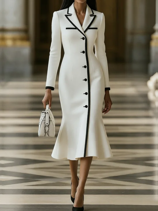 Urban Color Block Lapel Collar Maxi Dress