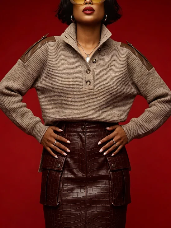 Urban Plain Split Joint Stand Collar Sweater