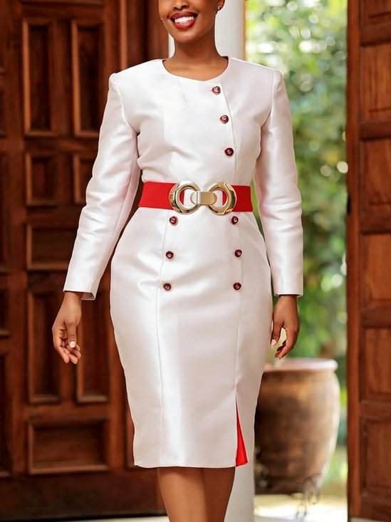 Elegant Plain Buttoned Crew Neck Knee Length Dress With Belt