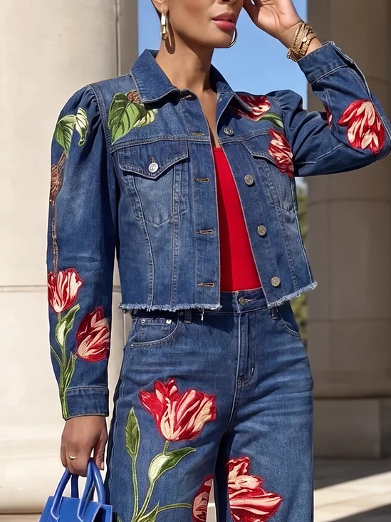 Casual Printing Floral Shawl Collar Denim Coat