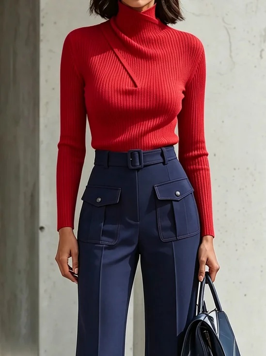 High Elasticity Urban Plain Cross Stand Collar Sweater