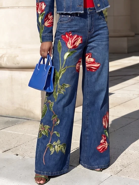 Casual Printing Loose Floral Jeans