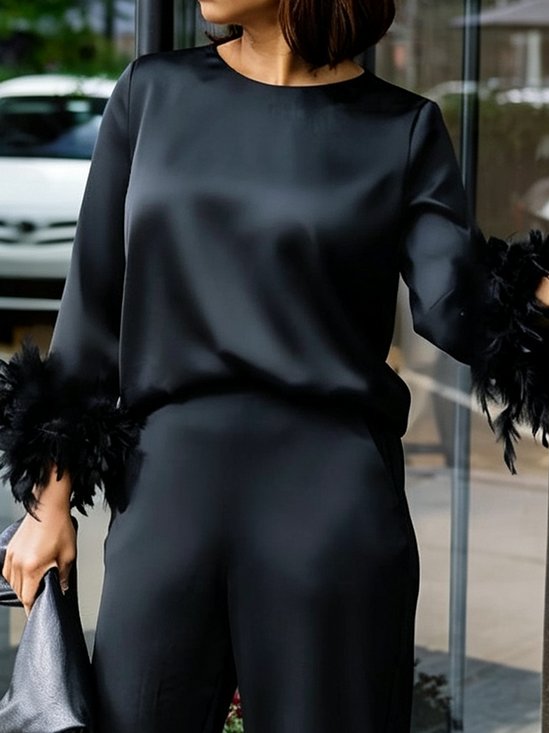 Urban Plain Feather-trimmed Crew Neck Blouse