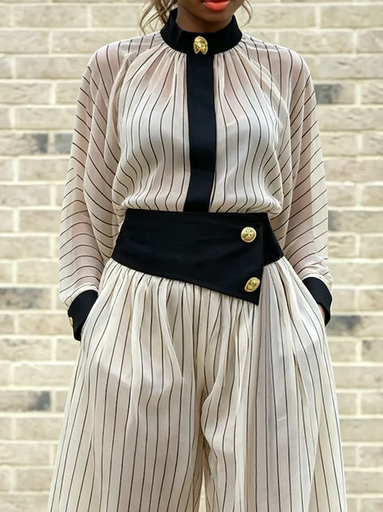 Urban Striped Stand Collar Long Sleeve Shirt