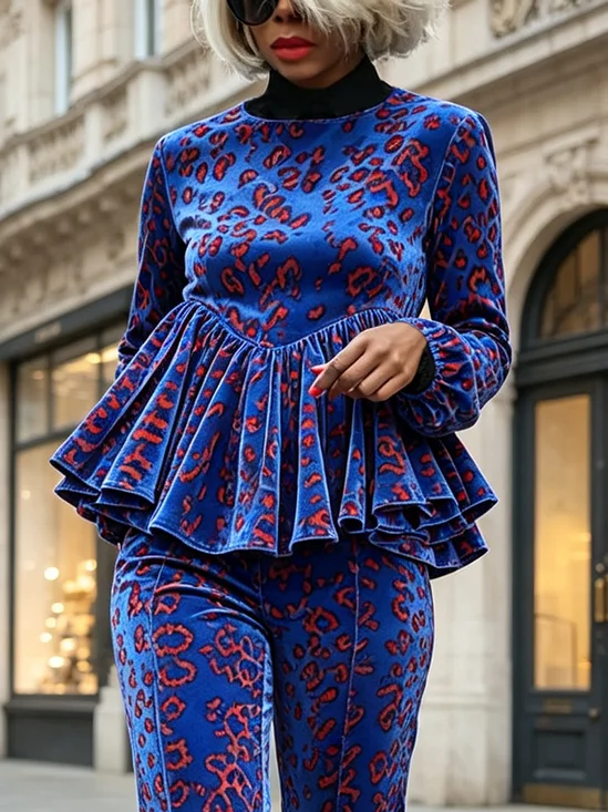 Velvet Elegant Leopard Ruched Mock Neck Blouse