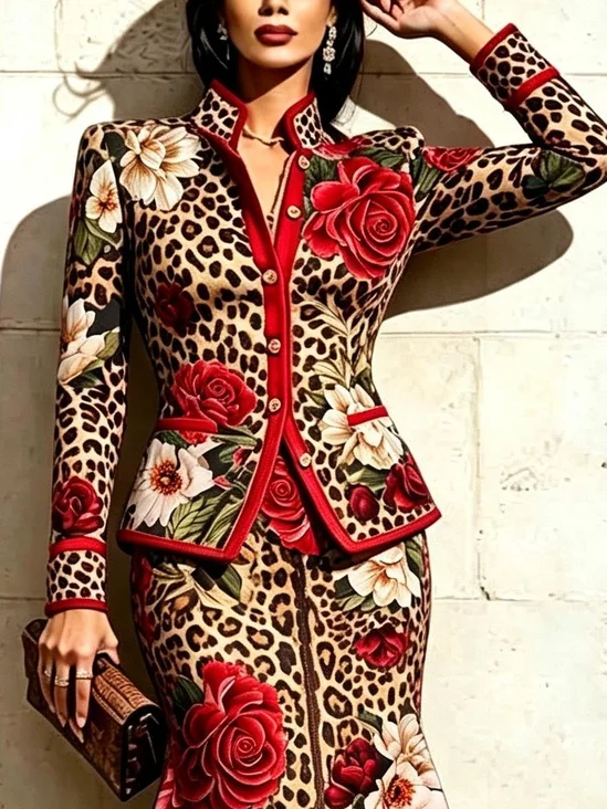 Elegant Printing Leopard Stand Collar Jacket