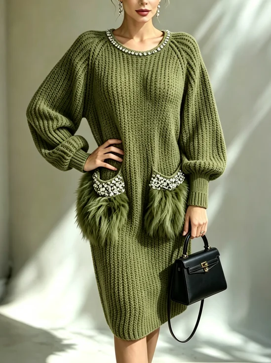 Casual Plain Rhinestone  Sweater Knee Length Dress