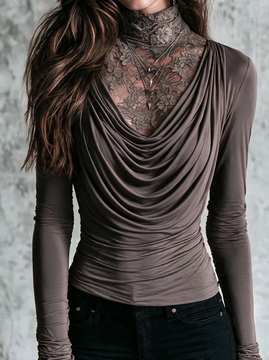 Elegant Plain Split Joint Stand Collar T-shirt