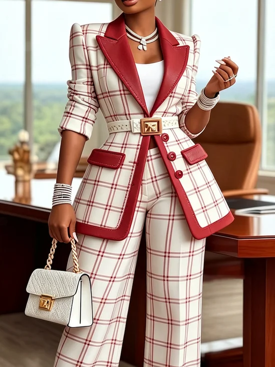 Urban Split Joint Plaid Lapel Collar Blazer No Belt