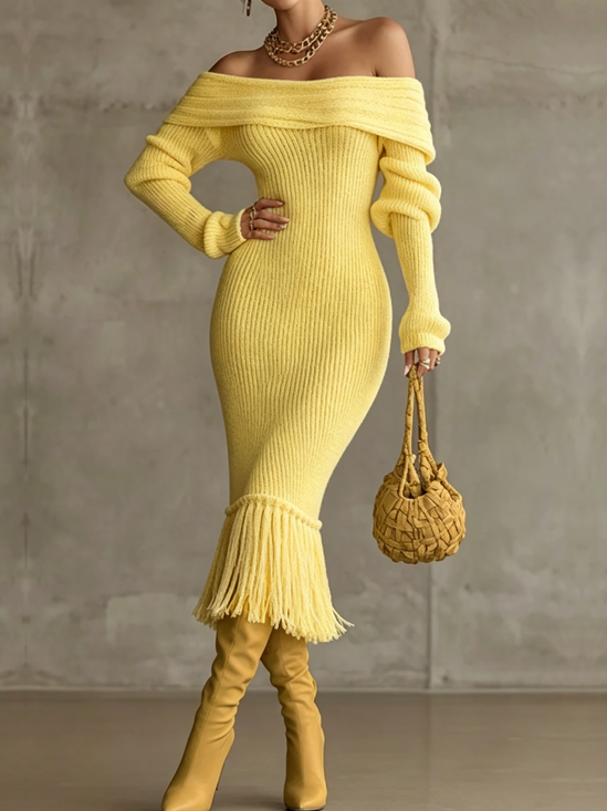 Elegant Plain Tassel Cold Shoulder Midi  Sweater Dress