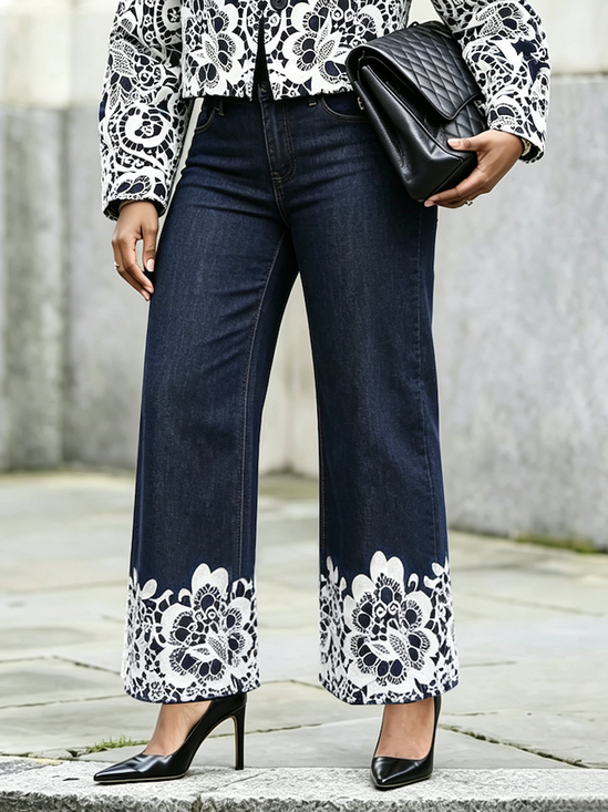 Micro-Elasticity Lace Denim Printing Urban Jeans