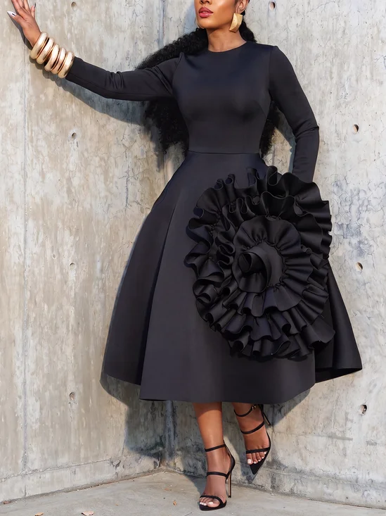 Elegant Plain 3D Floral  Midi Dress