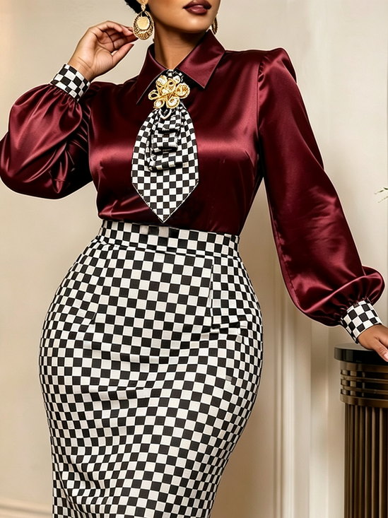 Elegant Plaid Shirt Collar Shirt Lncludes With Tie