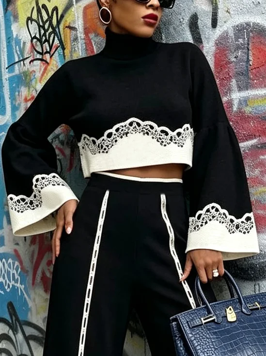 Urban Color Block Split Joint Turtleneck Blouse