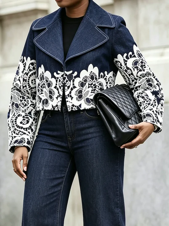 Micro-Elasticity Urban Printing Lace Lapel Collar Denim Coat