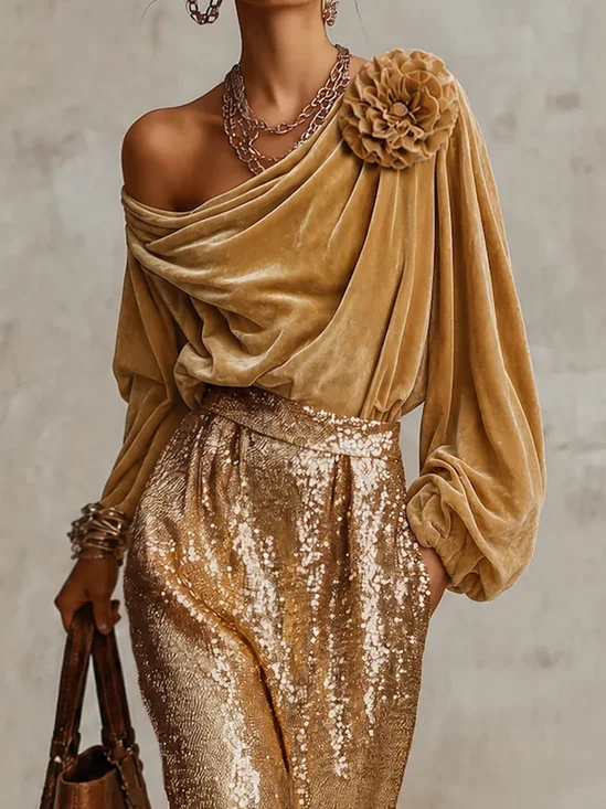 Velvet Elegant Plain 3D Floral Asymmetrical Blouse