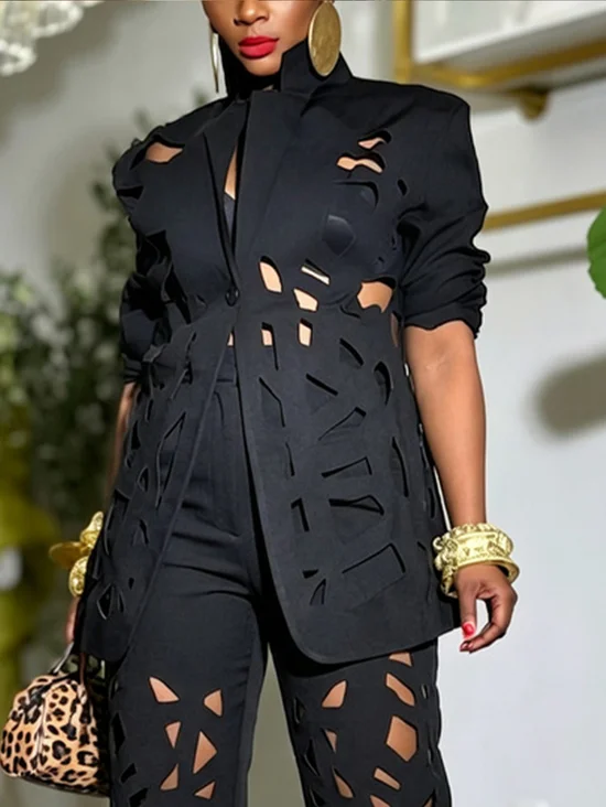 Plus Size Urban Hollow Out Plain Lapel Collar Blazer