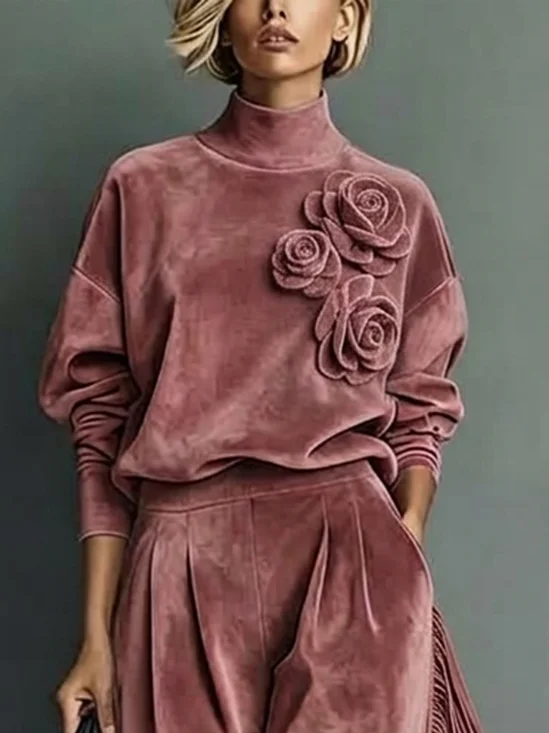 Suede Urban Plain 3D Floral Turtleneck Faux Leather Top