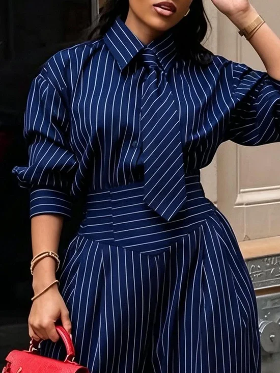Urban Striped Printing Shirt With Tie