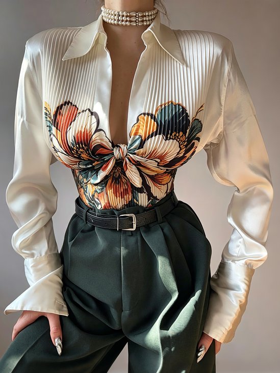 Elegant Floral Printing Shirt Collar Shirt