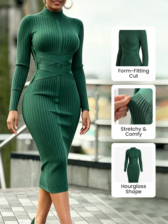 Elegant Animal Irregular Craftsmanship Stand Collar Midi  Sweater Dress