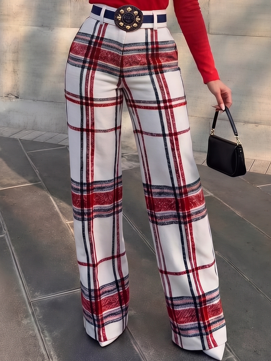 Urban Plaid Printing Straight Pants No Belt