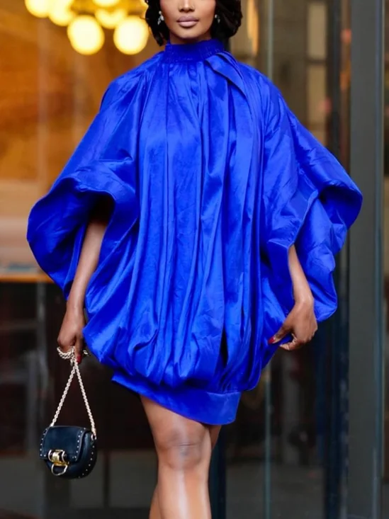Elegant Plain Ruched Stand Collar Mini Dress