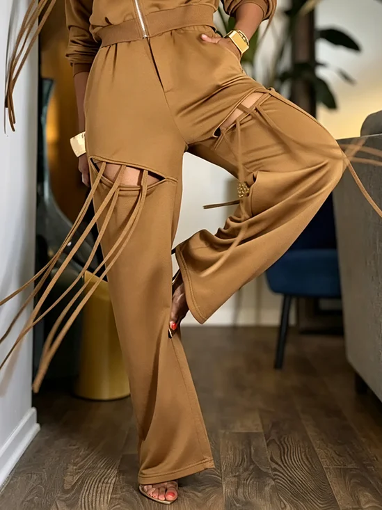 Casual Plain Tassel Straight Pants
