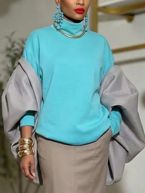 Elegant Plain Mock Neck Sweatshirt Set