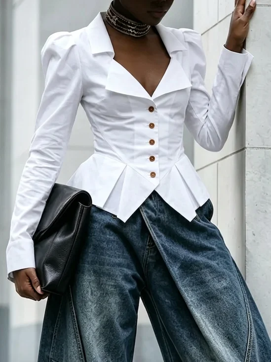 Urban Plain Ruched Lapel Collar Shirt