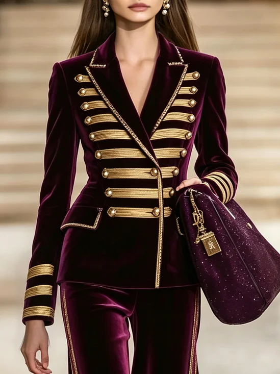 Elegant Braided Strap Plain Lapel Collar Blazer