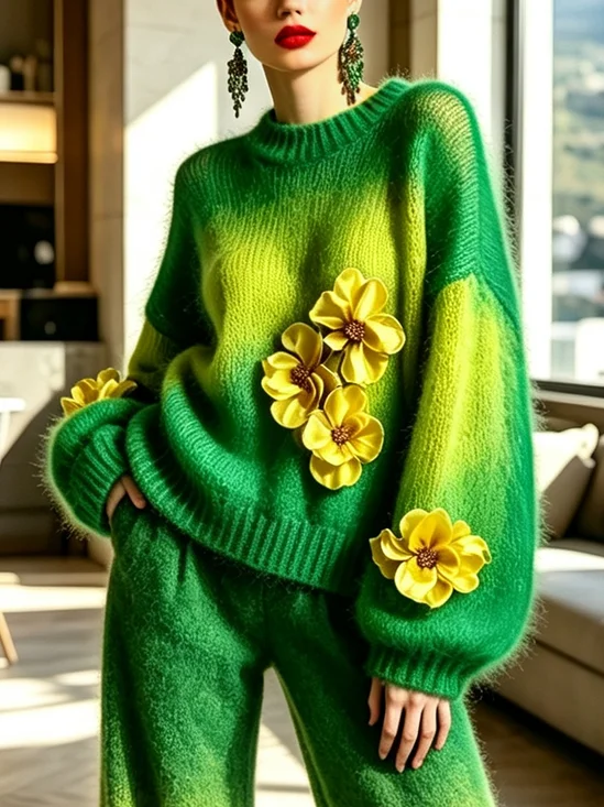 Elegant Gradient Pattern Printing Crew Neck Sweater