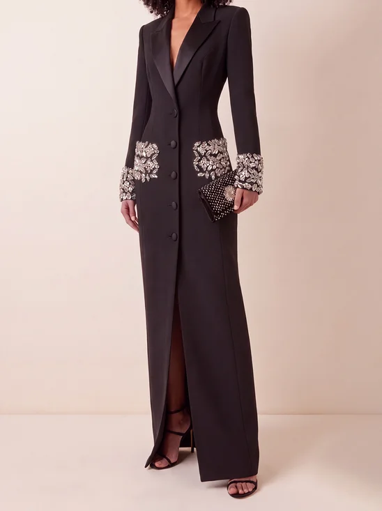 Urban Plain Hot Drilling Lapel Collar Maxi Dress