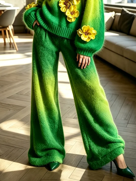 Elegant Gradient Pattern Printing Sweater Wide Leg Pants