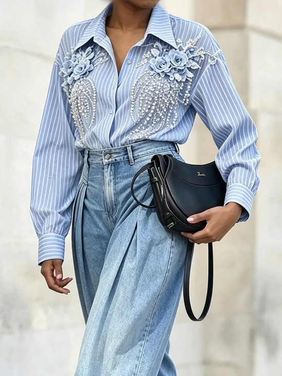 Urban Striped 3D Floral Shirt Collar Shirt