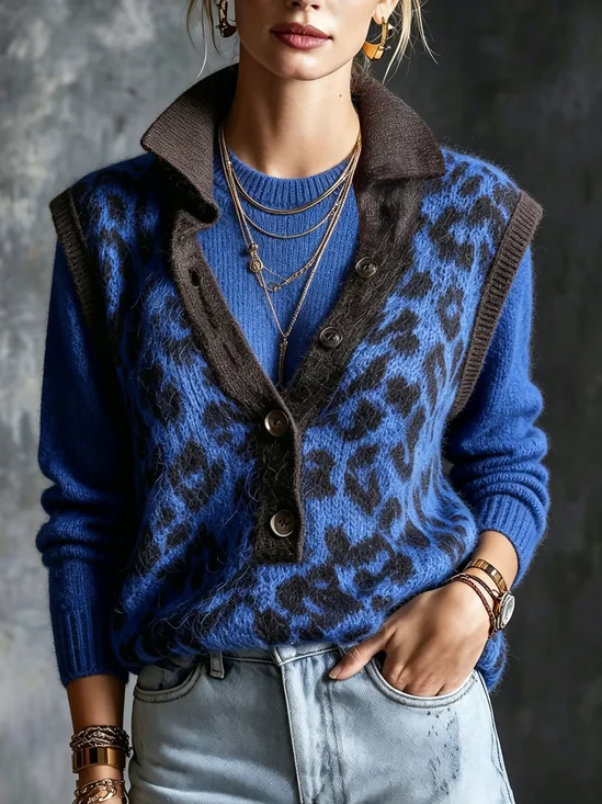 Medium Elasticity Casual Leopard Shirt Collar Sweater