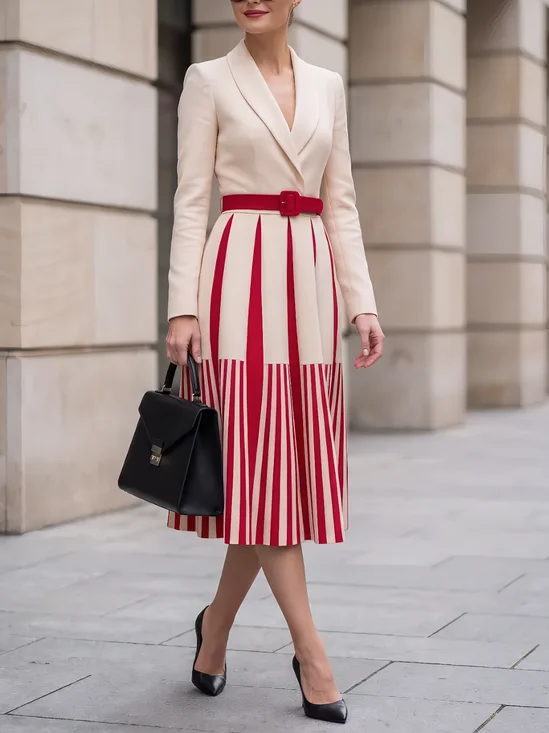 Urban Geometric Printing Shawl Collar Midi Dress With No Belt