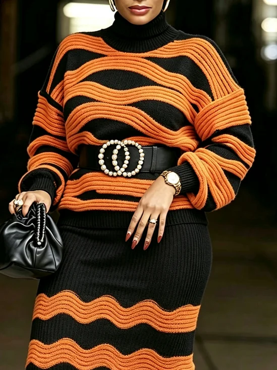 Casual Abstract Geometry Turtleneck Sweater No Belt