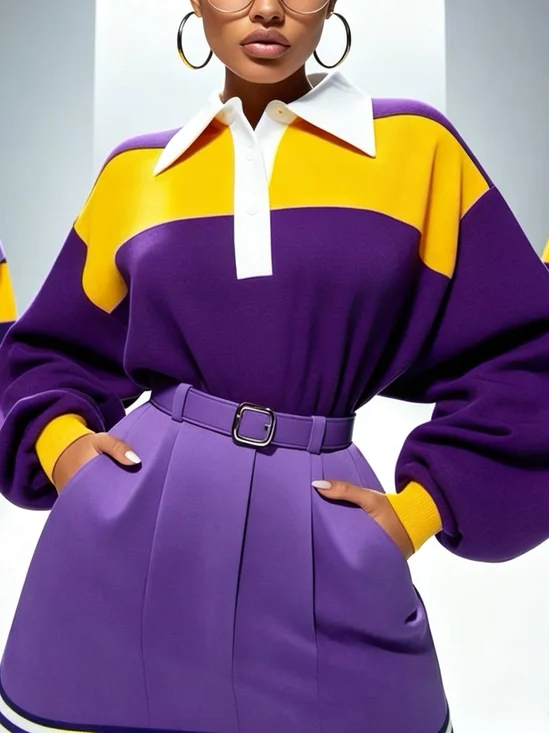 Casual Color Block Shirt Collar Raglan Sleeve Sweatshirt