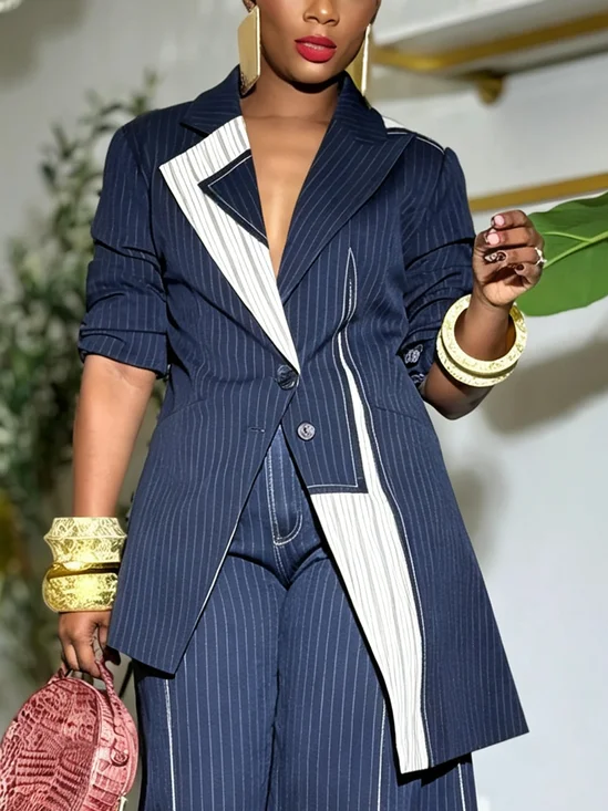 Urban Printing Striped Asymmetric Lapel Collar Blazer